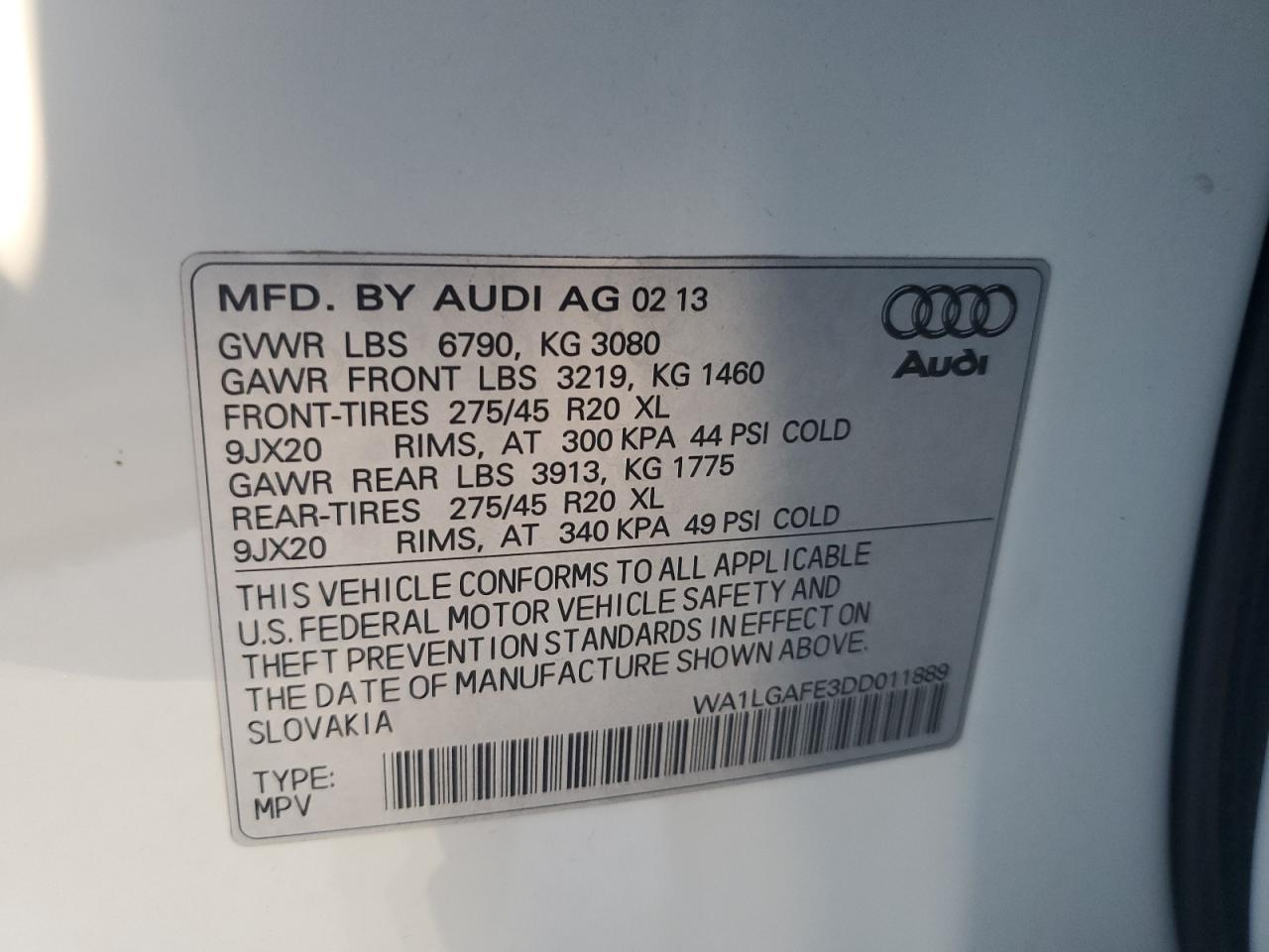 2013 Audi Q7 Premium Plus VIN: WA1LGAFE3DD011889 Lot: 91092345