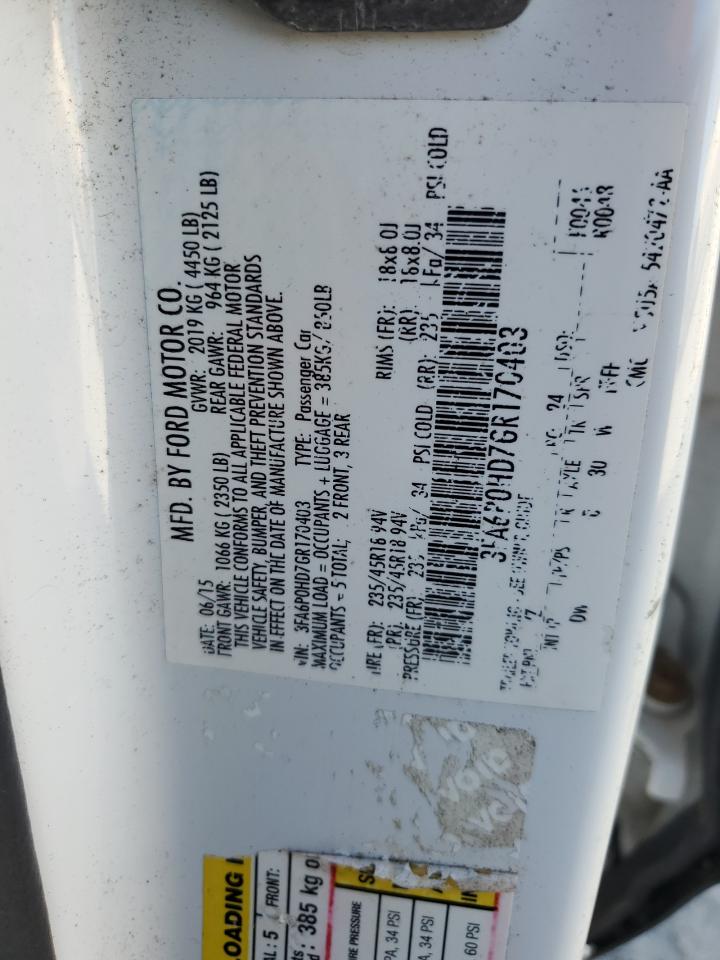 2016 Ford Fusion Se VIN: 3FA6P0HD7GR170403 Lot: 93000965