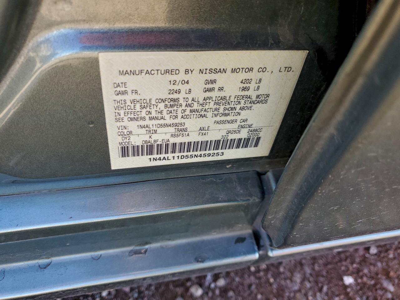 2005 Nissan Altima S VIN: 1N4AL11D55N459253 Lot: 93335265