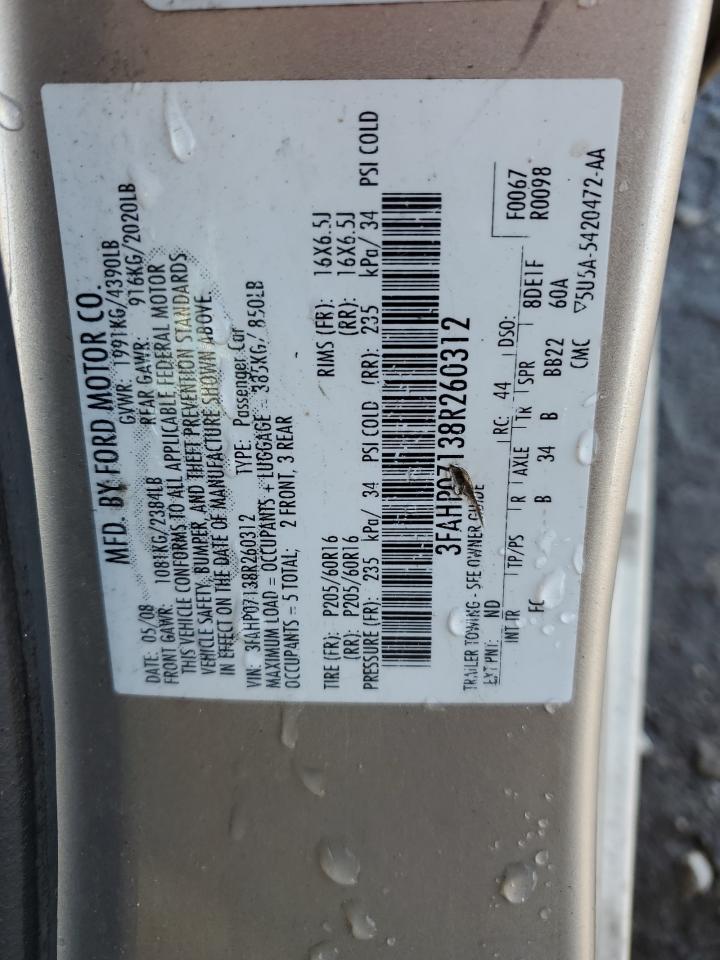 2008 Ford Fusion Se VIN: 3FAHP07138R260312 Lot: 90250565