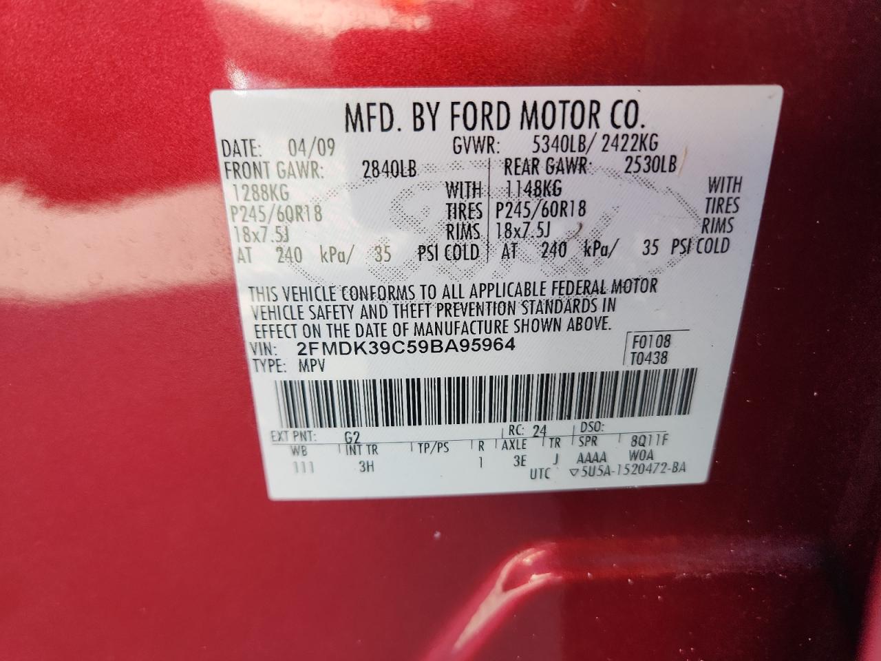 2009 Ford Edge Limited VIN: 2FMDK39C59BA95964 Lot: 90904635