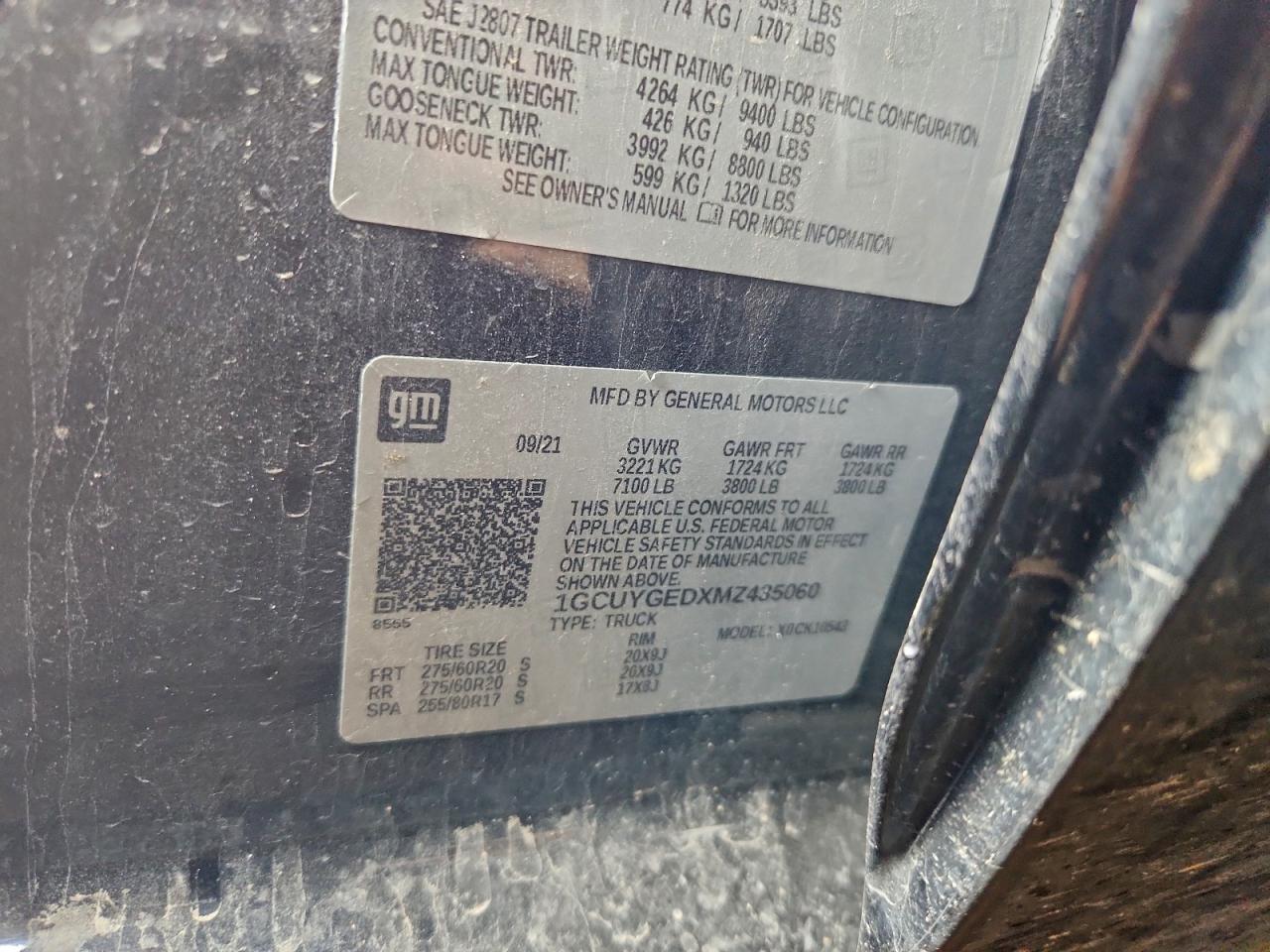 2021 Chevrolet Silverado K1500 Ltz VIN: 1GCUYGEDXMZ435060 Lot: 94362945