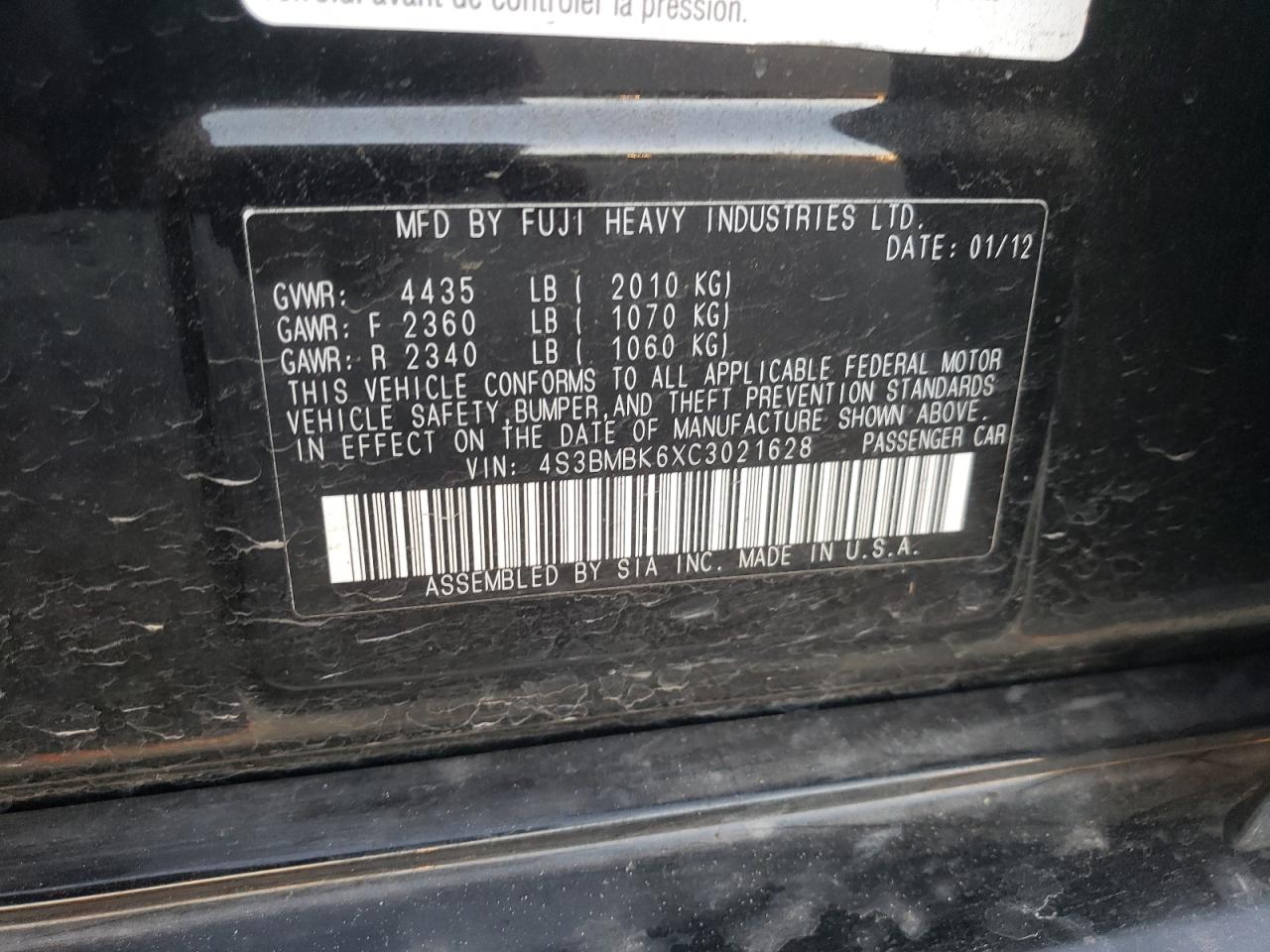 2012 Subaru Legacy 2.5I Limited VIN: 4S3BMBK6XC3021628 Lot: 91668585