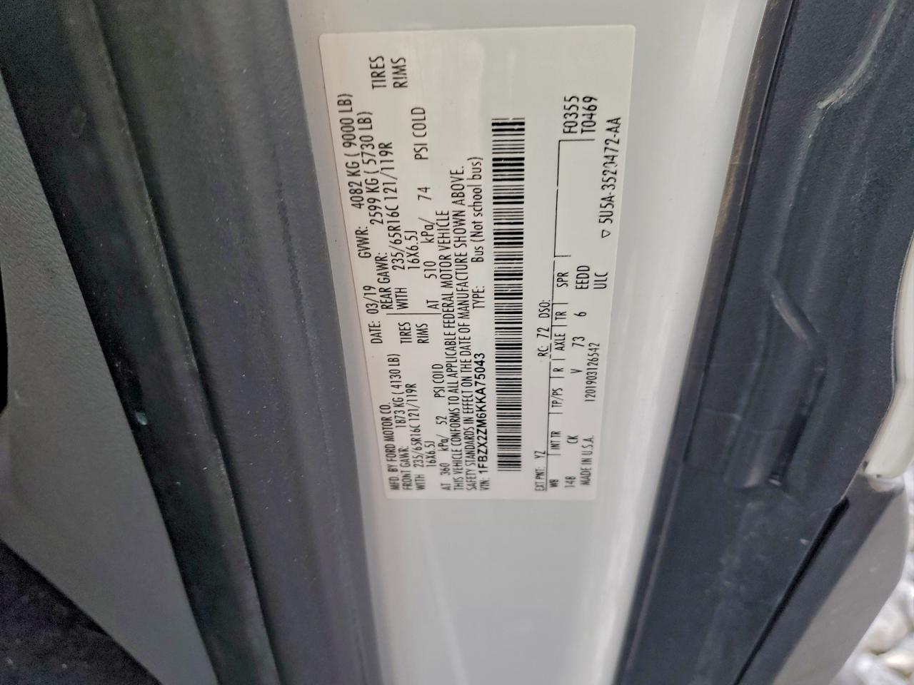 2019 Ford Transit T-350 VIN: 1FBZX2ZM6KKA75043 Lot: 93123015