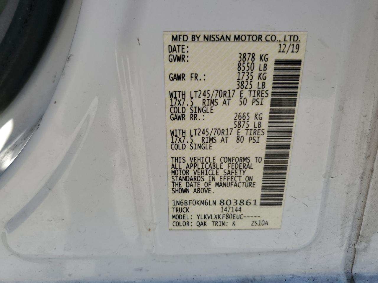 2020 Nissan Nv 1500 S VIN: 1N6BF0KM6LN803861 Lot: 91906215