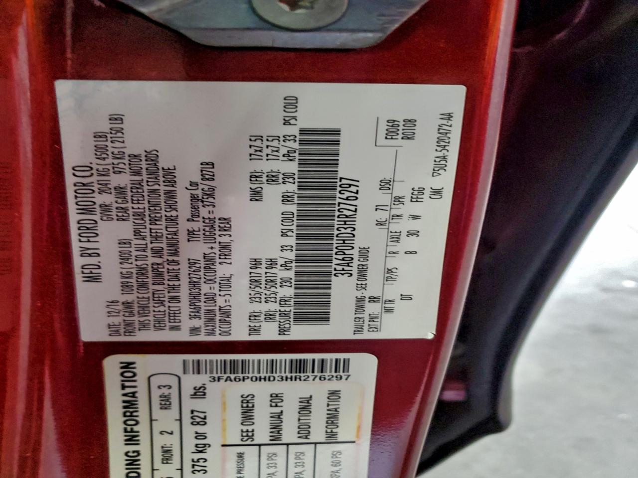 2017 Ford Fusion Se VIN: 3FA6P0HD3HR276297 Lot: 93772135