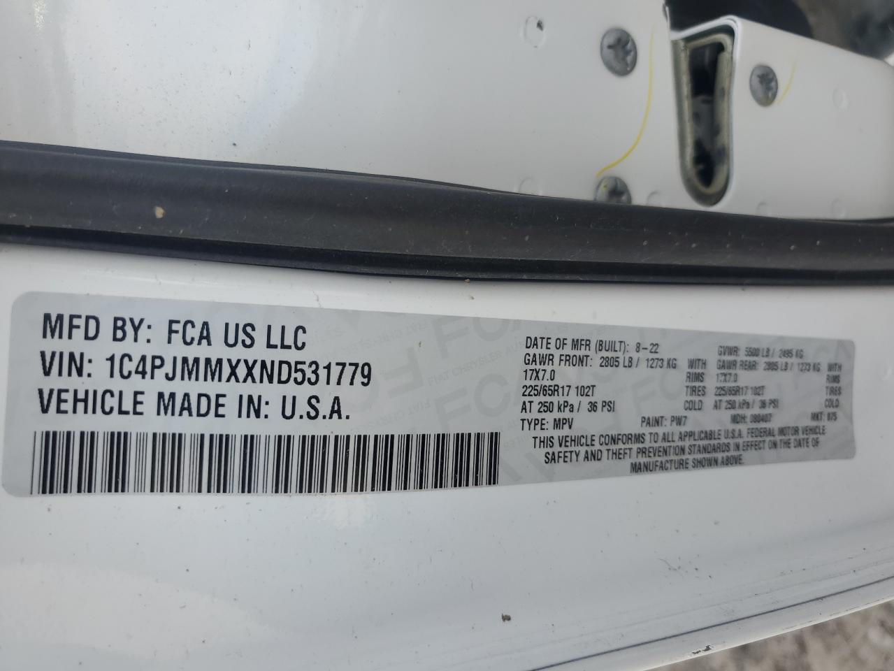 2022 Jeep Cherokee Latitude Lux VIN: 1C4PJMMXXND531779 Lot: 91104405