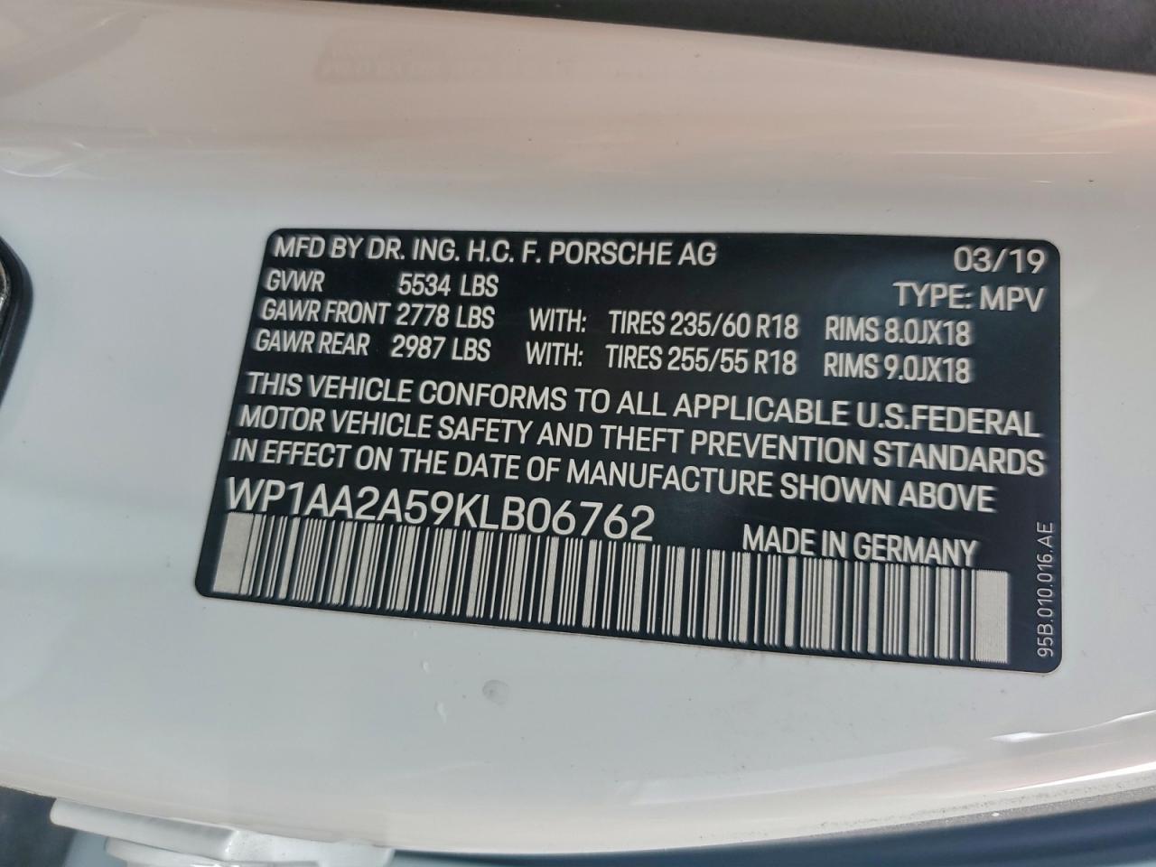 2019 Porsche Macan VIN: WP1AA2A59KLB06762 Lot: 94069235