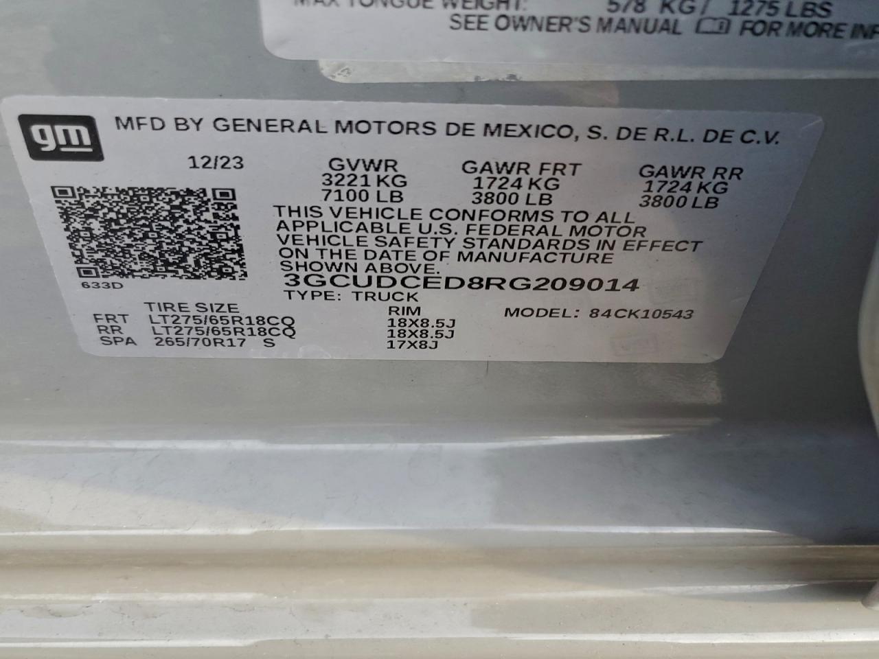 2024 Chevrolet Silverado K1500 Trail Boss Custom VIN: 3GCUDCED8RG209014 Lot: 94519535