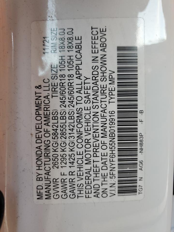 2022 Honda Pilot Exl VIN: 5FNYF6H55NB019916 Lot: 91782895