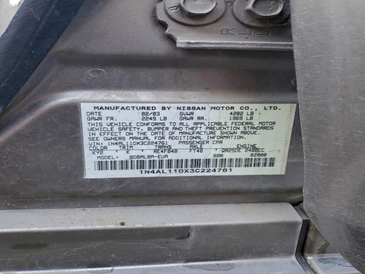 2003 Nissan Altima Base VIN: 1N4AL11DX3C224761 Lot: 93958795