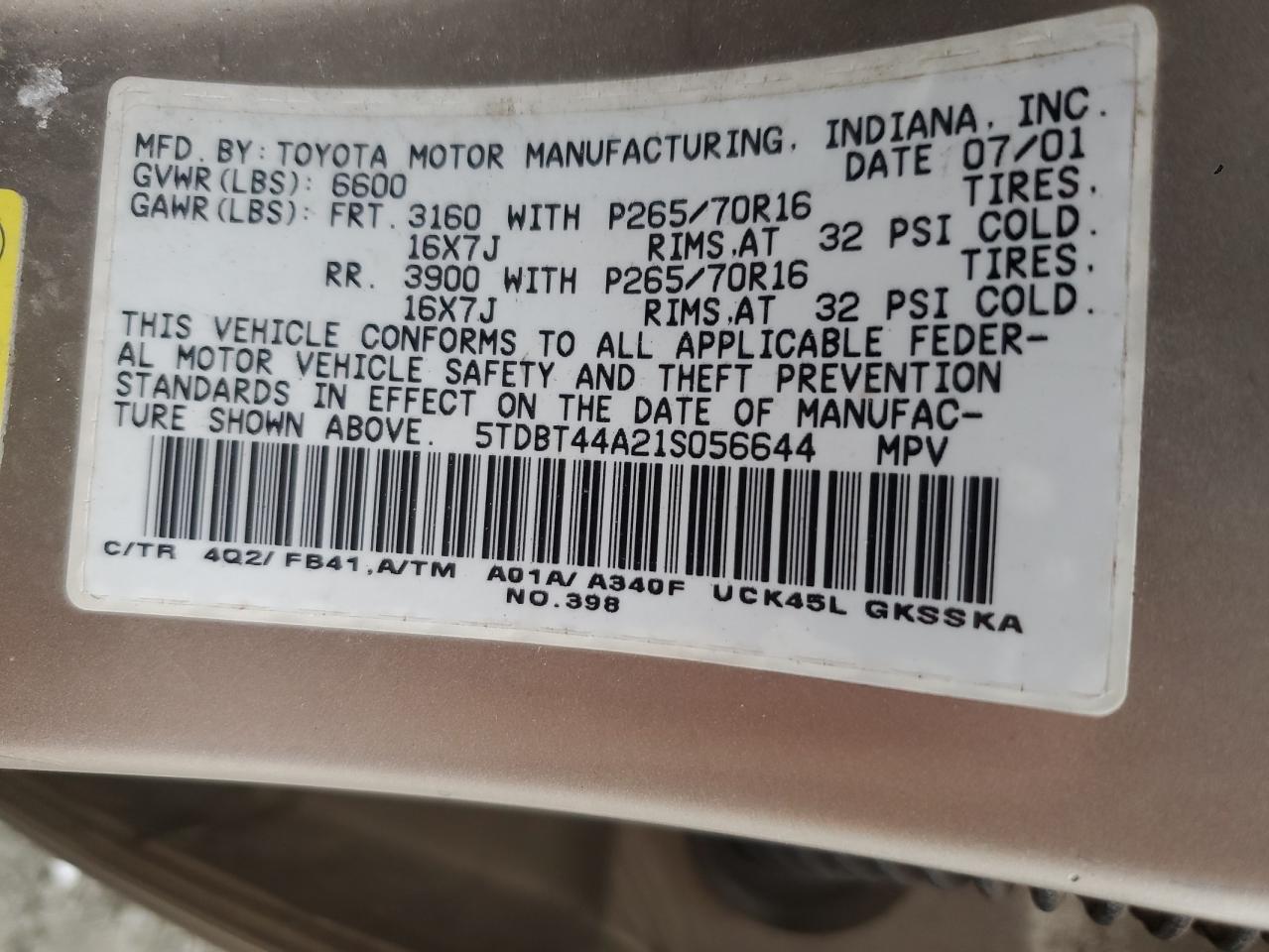 2001 Toyota Sequoia Sr5 VIN: 5TDBT44A21S056644 Lot: 92293555