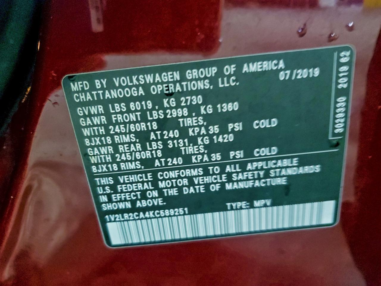 2019 Volkswagen Atlas Se VIN: 1V2LR2CA4KC589251 Lot: 94444015