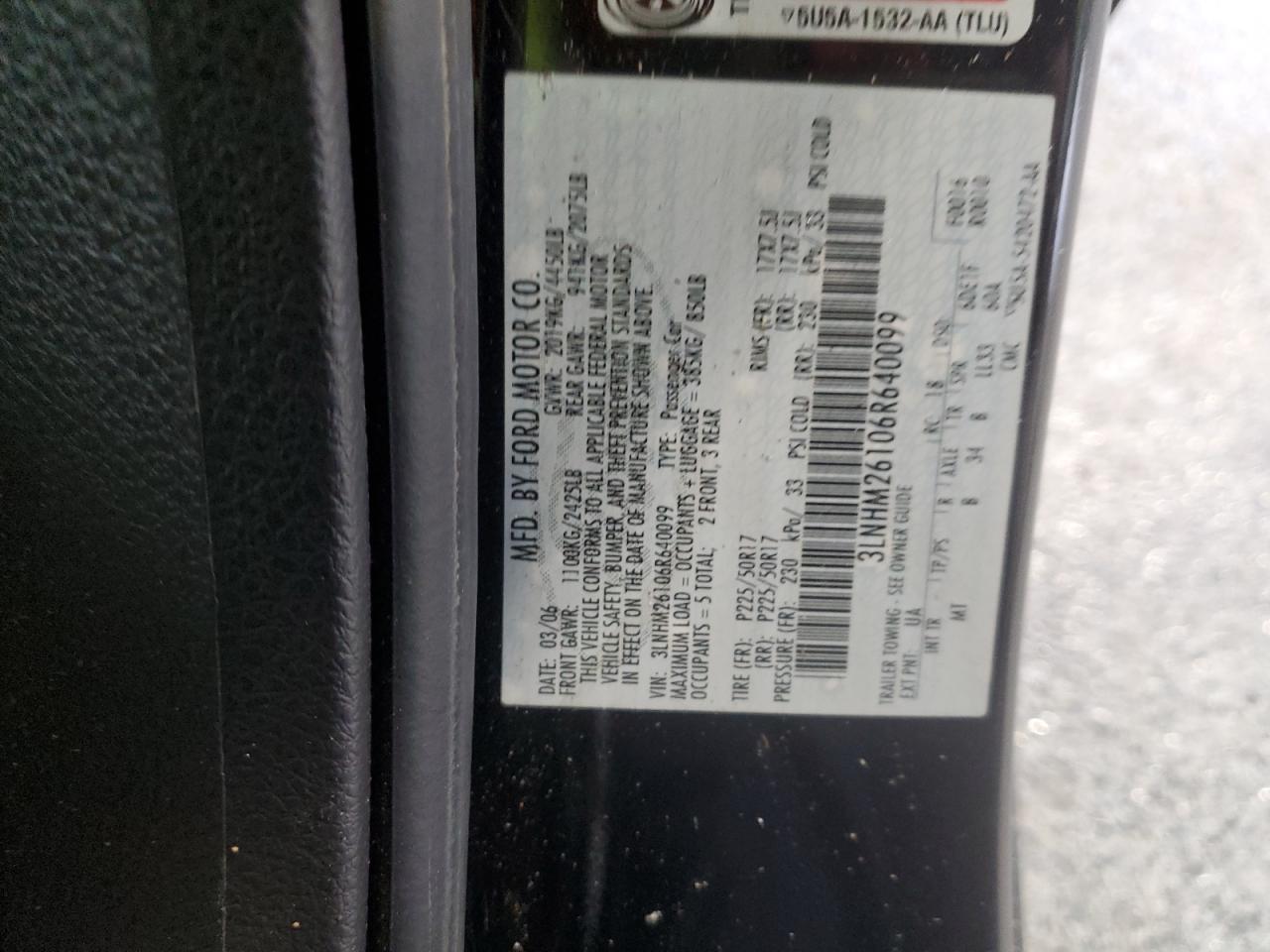 2006 Lincoln Zephyr VIN: 3LNHM26106R640099 Lot: 92861545