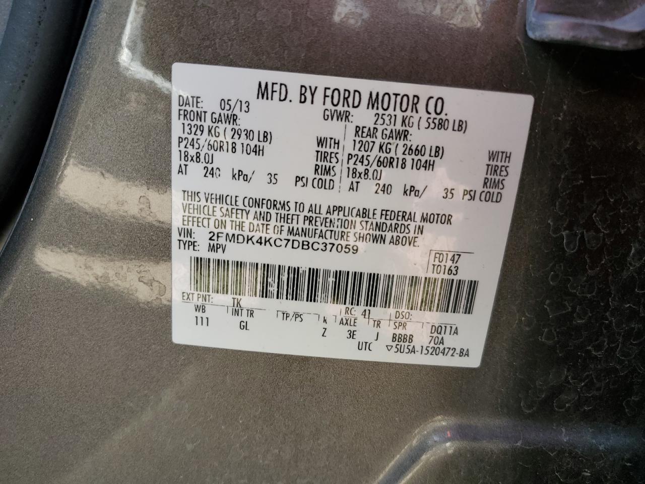 2013 Ford Edge Limited VIN: 2FMDK4KC7DBC37059 Lot: 90279315