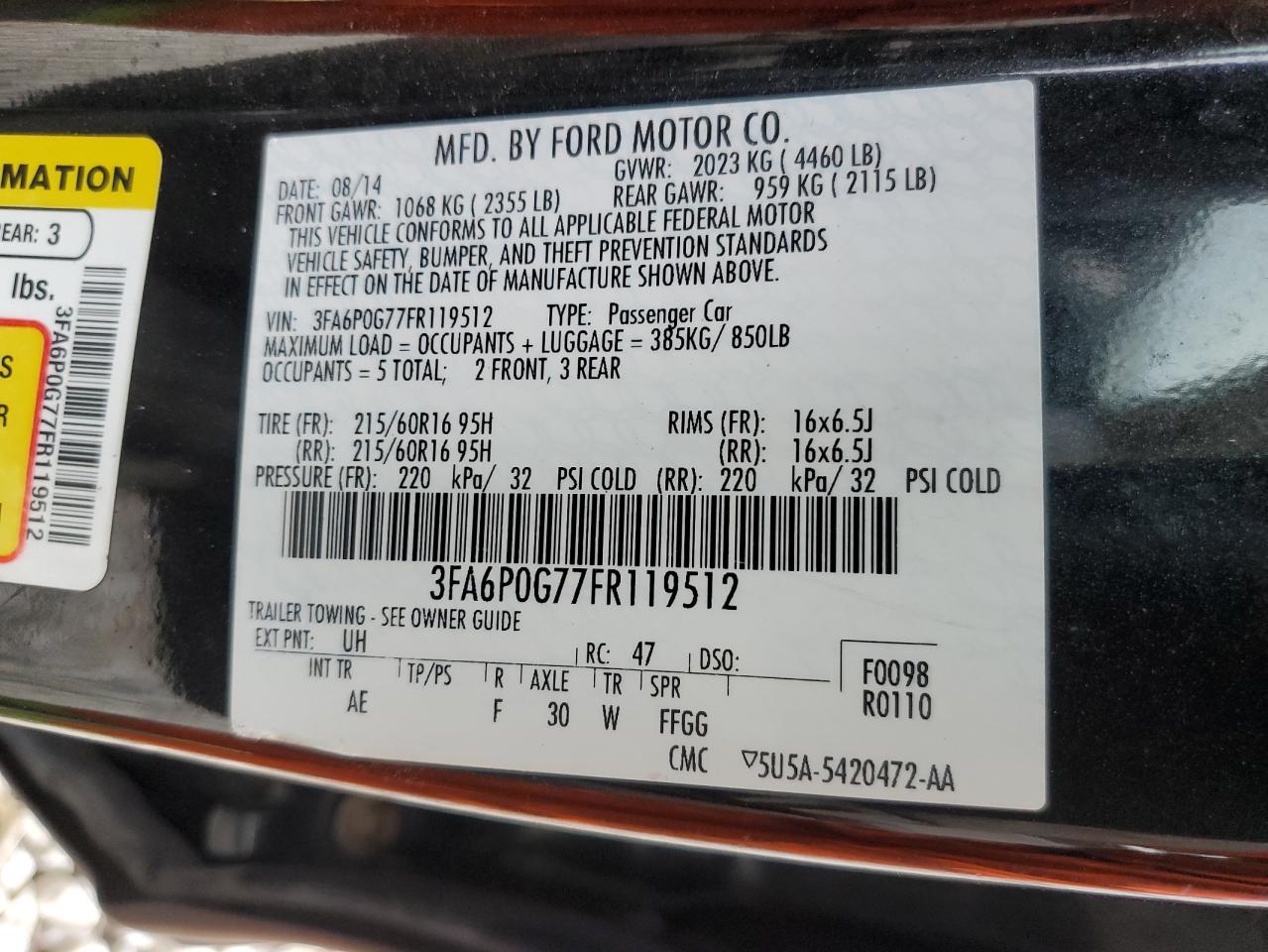 2015 Ford Fusion S VIN: 3FA6P0G77FR119512 Lot: 92594655