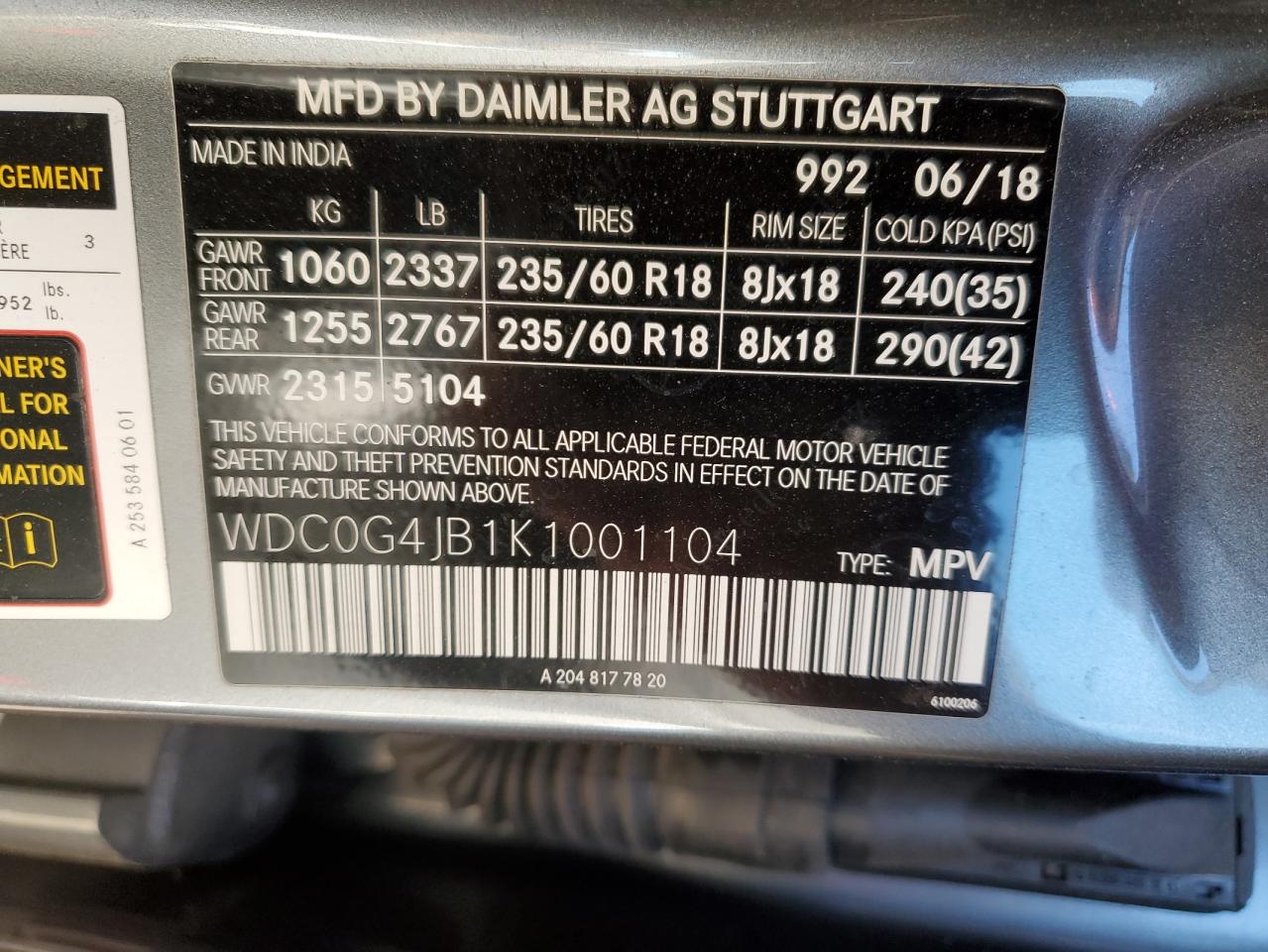 2019 Mercedes-Benz Glc 300 VIN: WDC0G4JB1K1001104 Lot: 91835385