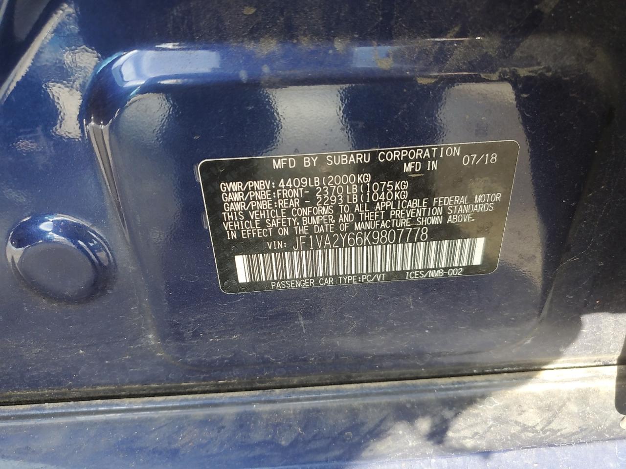 2019 Subaru Wrx Sti Limited VIN: JF1VA2Y66K9807778 Lot: 90700845