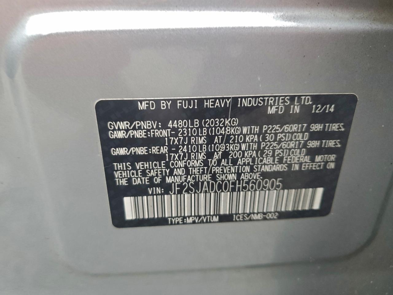 2015 Subaru Forester 2.5I Premium VIN: JF2SJADC0FH560905 Lot: 94018875