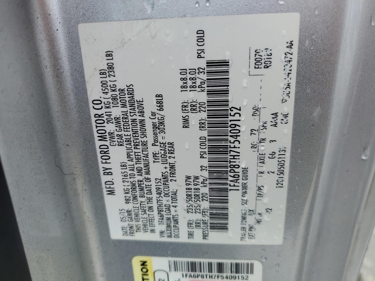 2015 Ford Mustang VIN: 1FA6P8TH7F5409152 Lot: 91087825