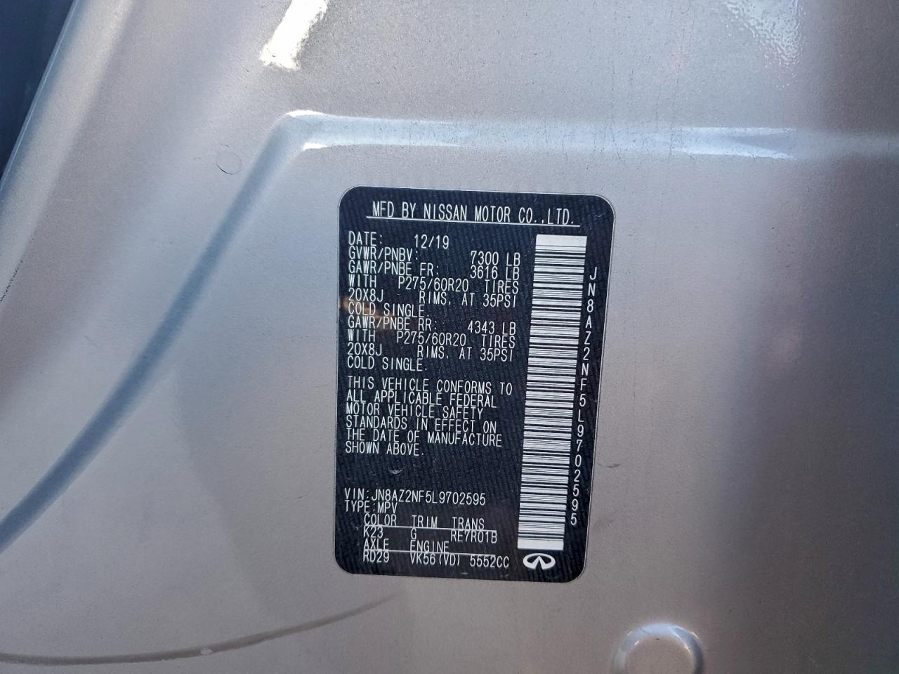 2020 Infiniti Qx80 Luxe VIN: JN8AZ2NF5L9702595 Lot: 94535835