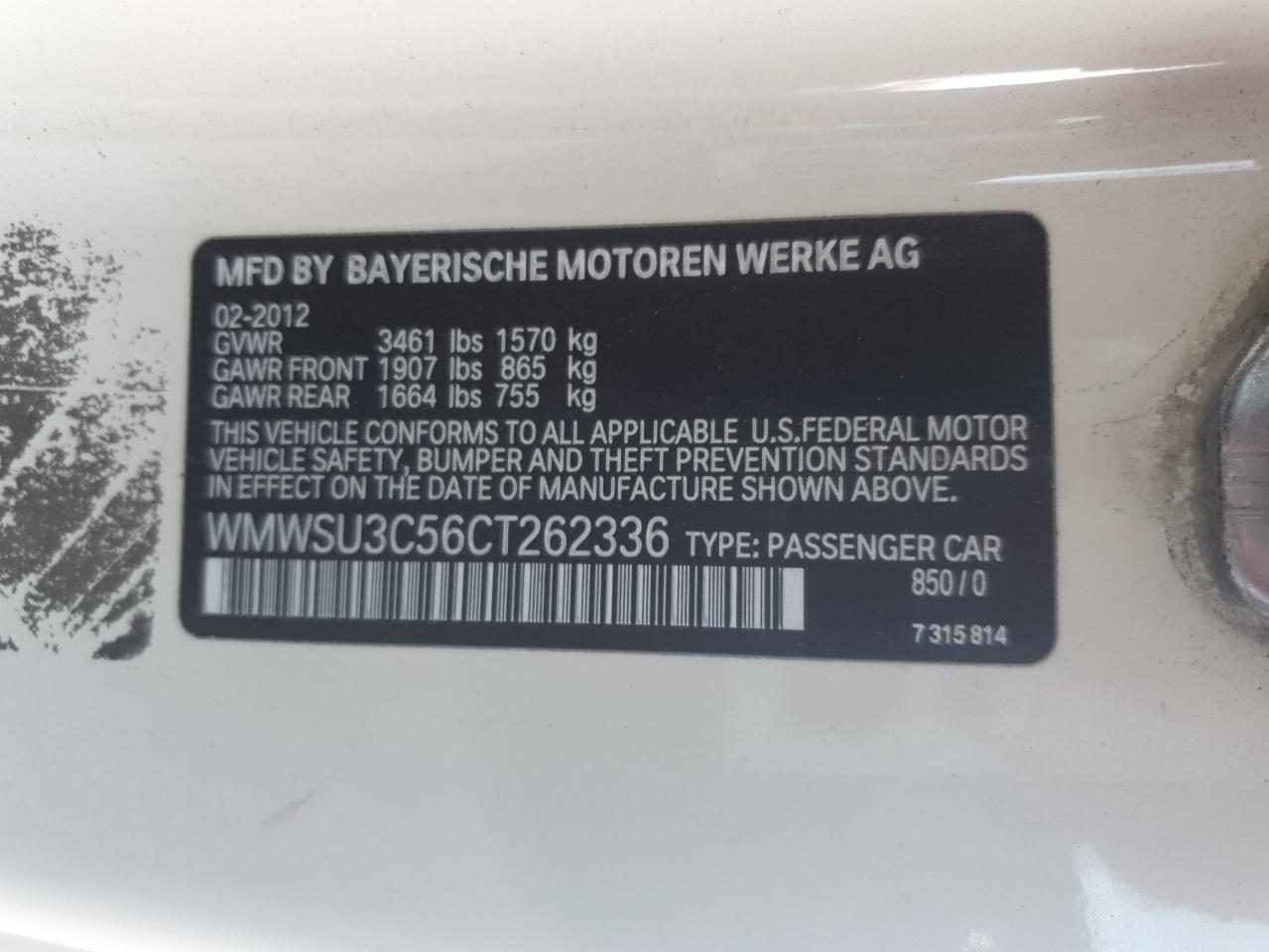 2012 Mini Cooper VIN: WMWSU3C56CT262336 Lot: 93531775