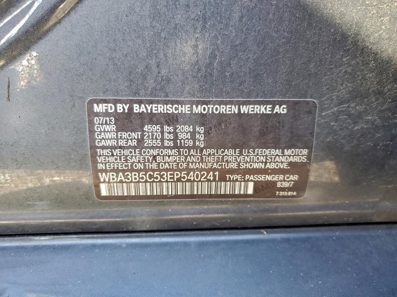 2014 BMW 328 Xi Sulev VIN: WBA3B5C53EP540241 Lot: 93891285