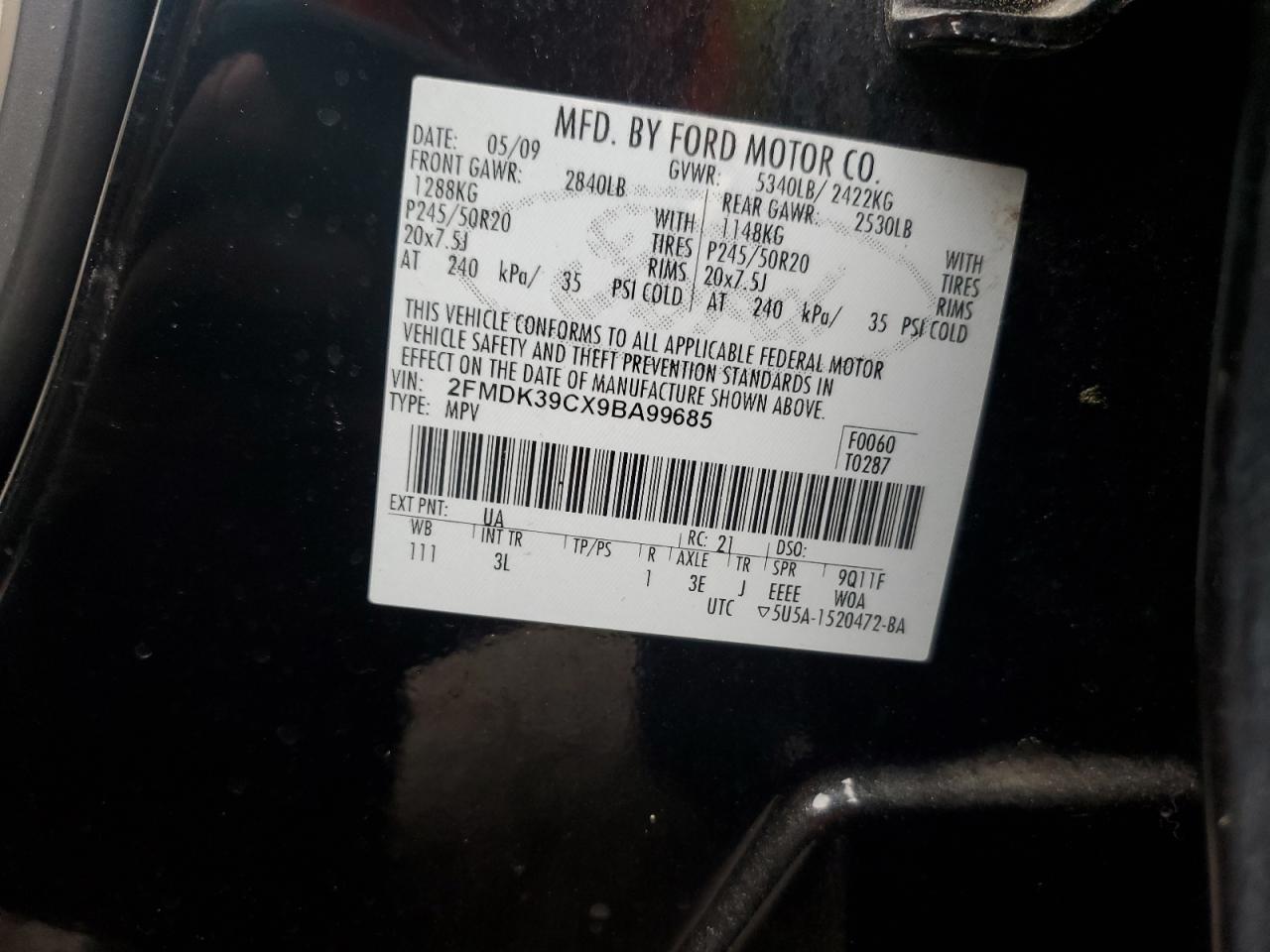 2009 Ford Edge Limited VIN: 2FMDK39CX9BA99685 Lot: 90651175