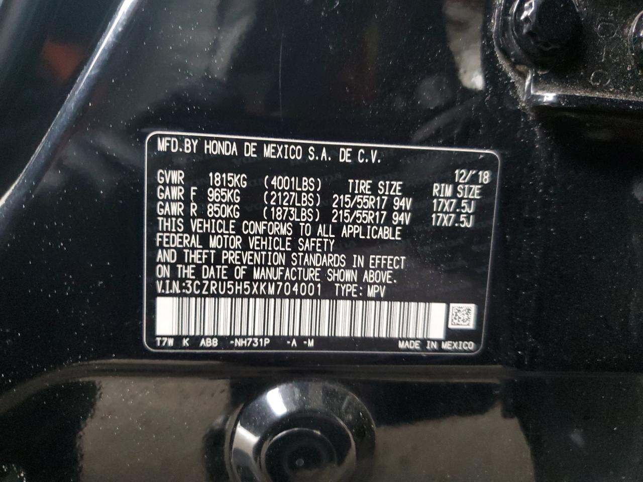 2019 Honda Hr-V Ex VIN: 3CZRU5H5XKM704001 Lot: 93908035