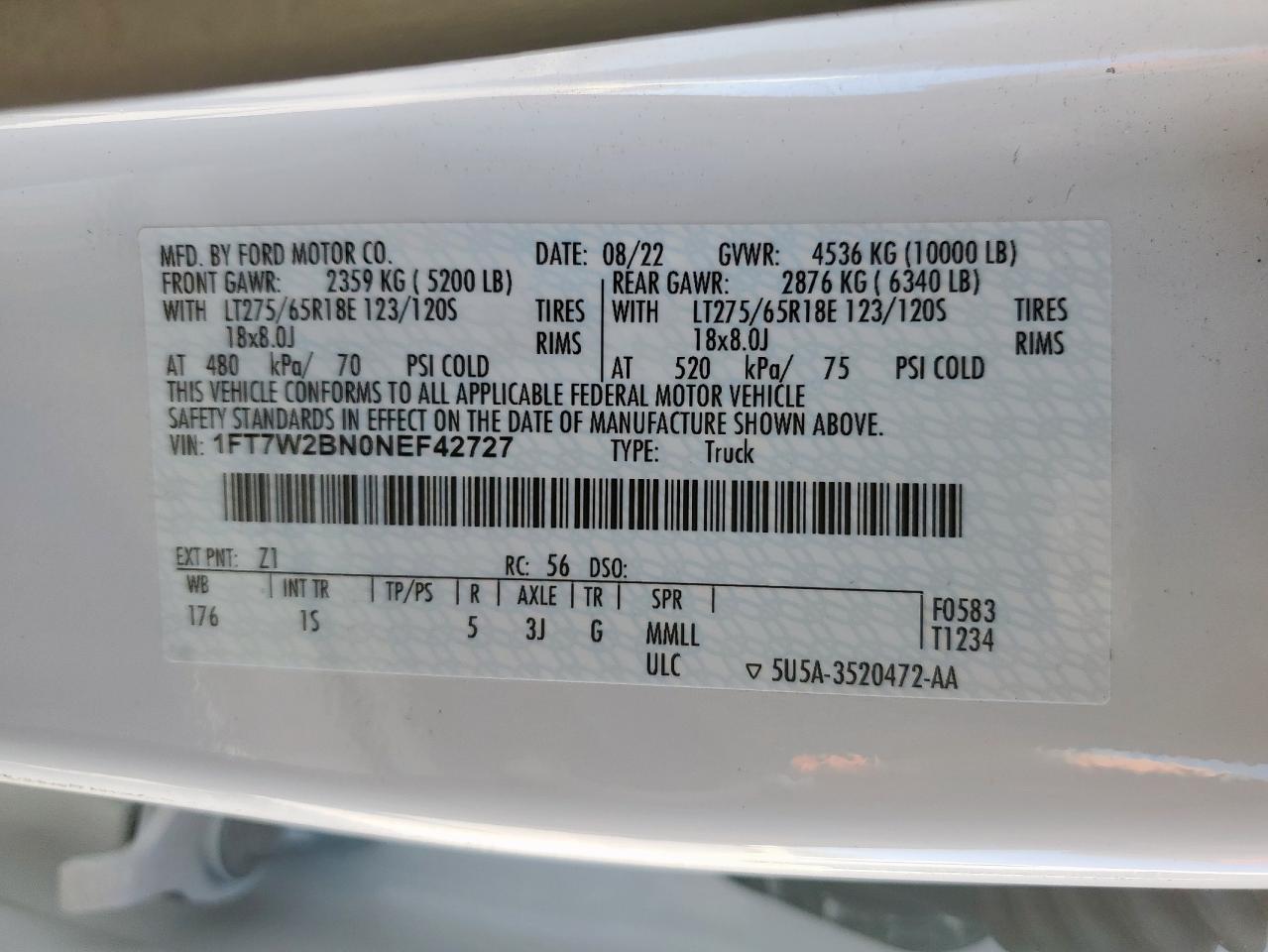 2022 Ford F250 Super Duty VIN: 1FT7W2BN0NEF42727 Lot: 91442145