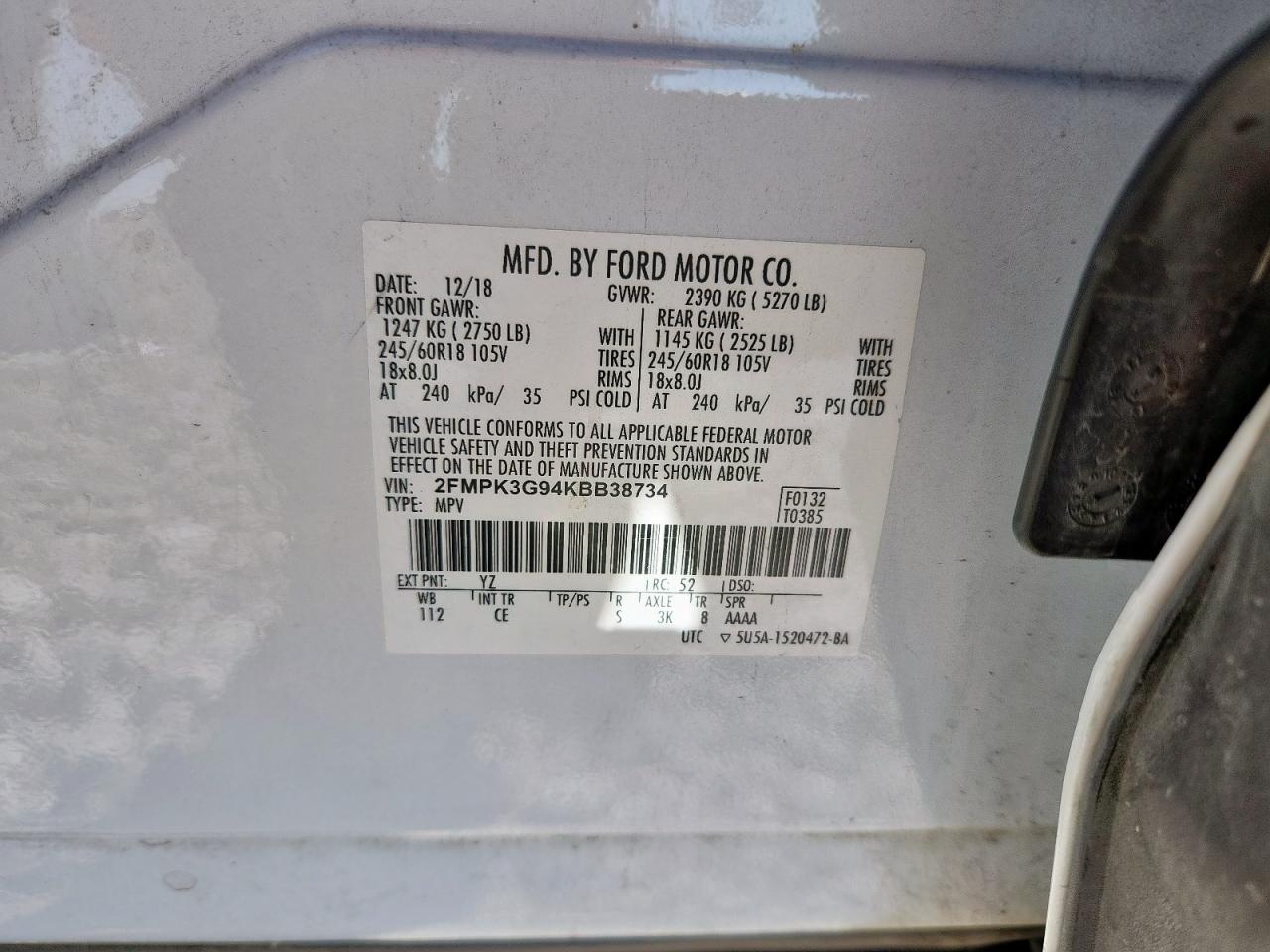 2019 Ford Edge Se VIN: 2FMPK3G94KBB38734 Lot: 91465765