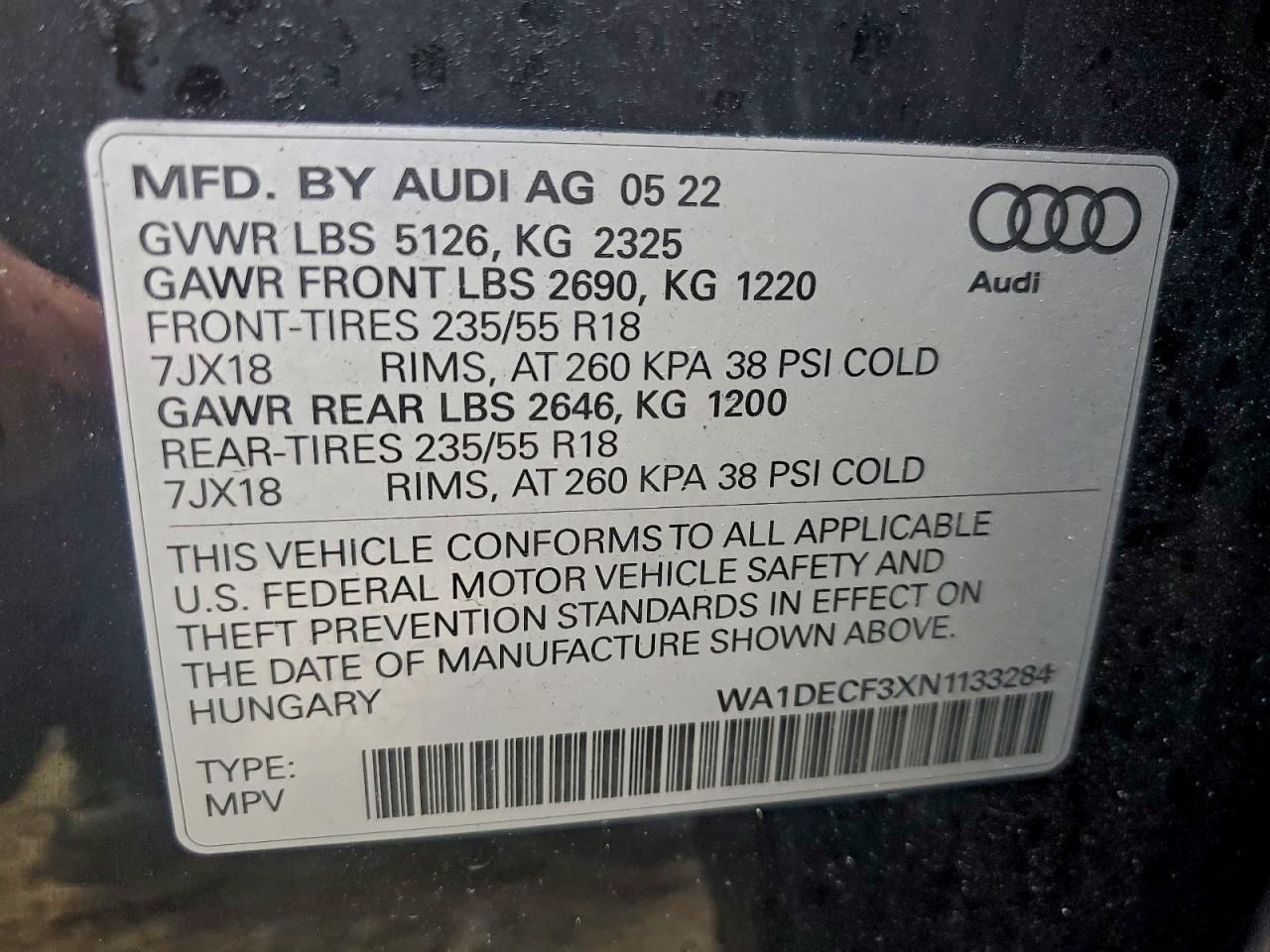 2022 Audi Q3 Premium S Line 45 VIN: WA1DECF3XN1133284 Lot: 93467285
