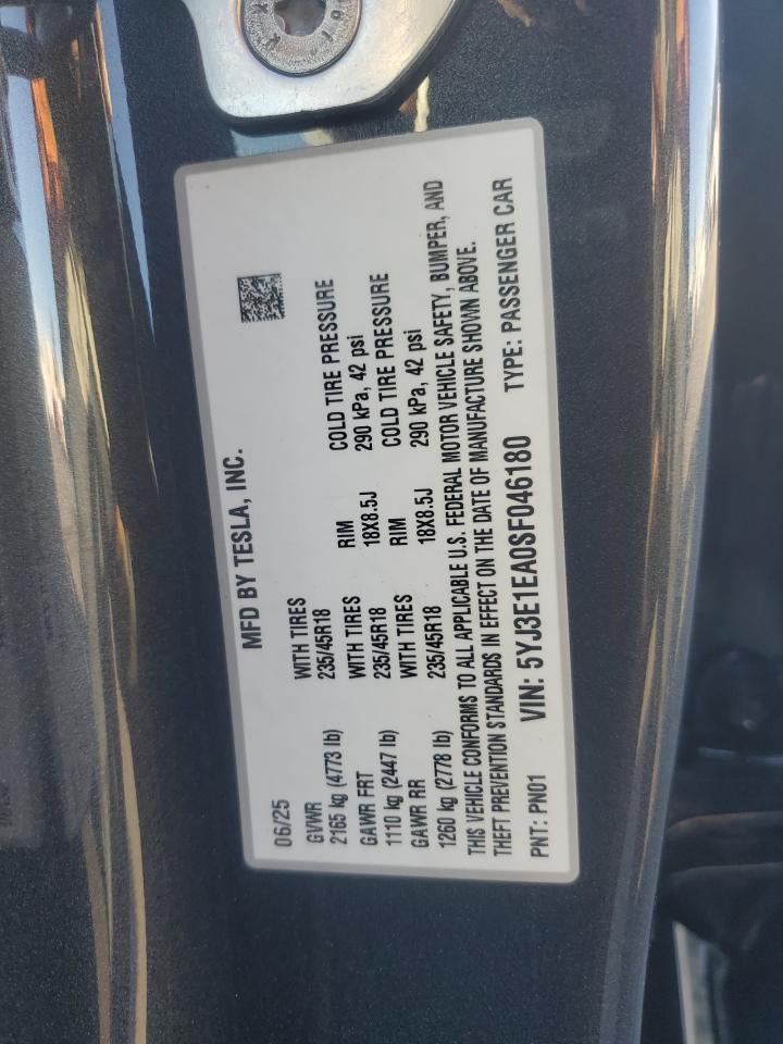 2025 Tesla Model 3 VIN: 5YJ3E1EA0SF046180 Lot: 91484675
