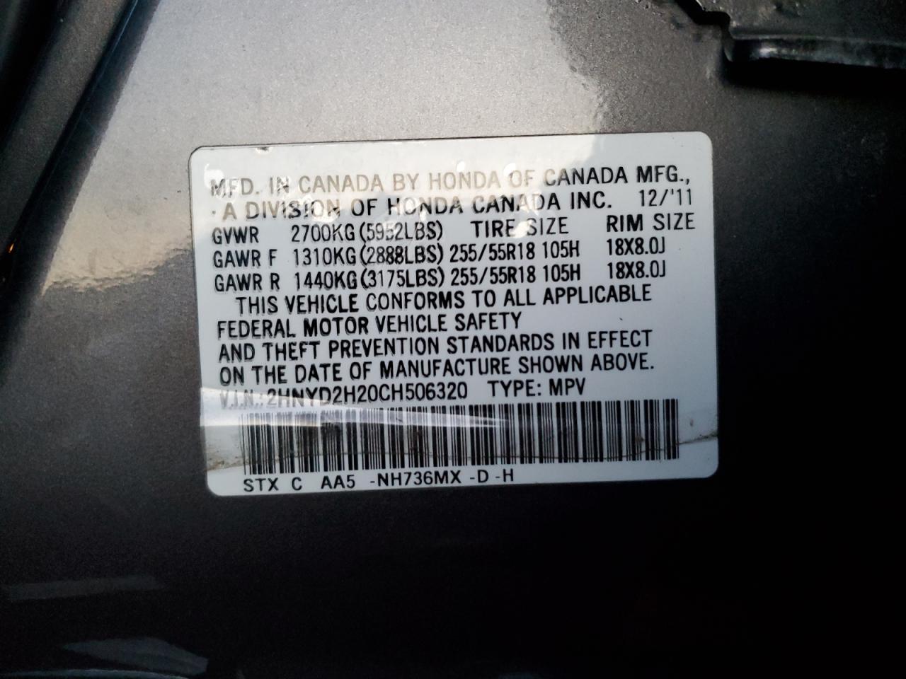 2012 Acura Mdx VIN: 2HNYD2H20CH506320 Lot: 94140855