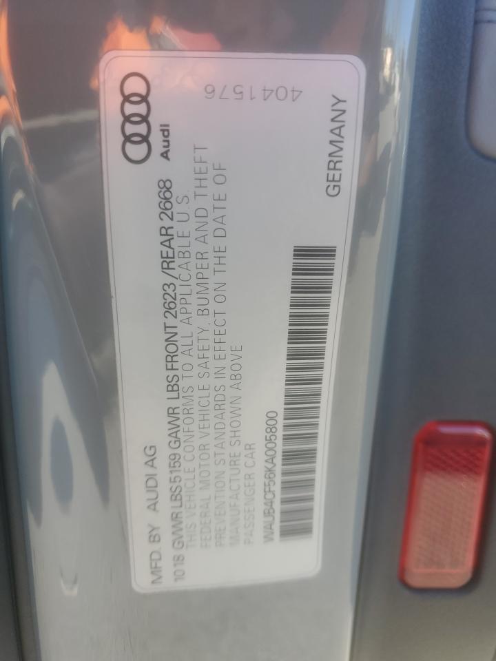 2019 Audi S5 Premium Plus VIN: WAUB4CF56KA005800 Lot: 91816565