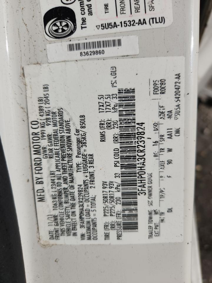 2012 Ford Fusion Se VIN: 3FAHP0HA3CR239824 Lot: 93100415