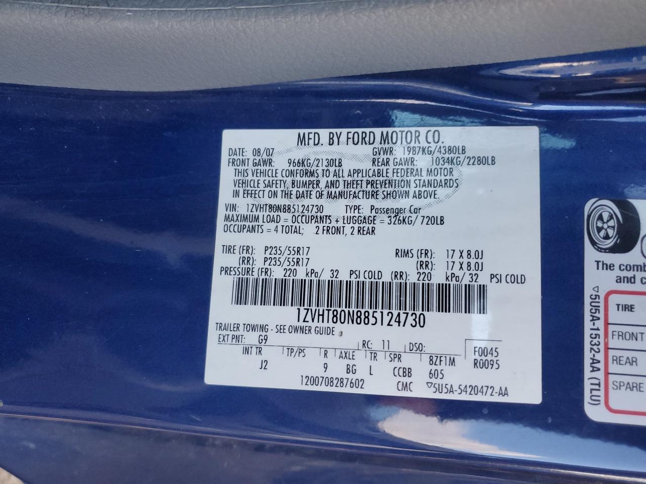 2008 Ford Mustang VIN: 1ZVHT80N885124730 Lot: 93499245