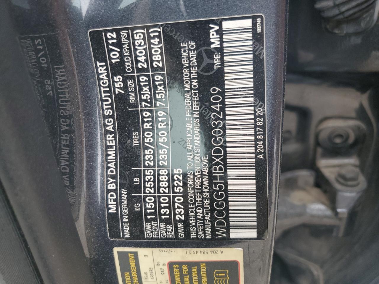 2013 Mercedes-Benz Glk 350 VIN: WDCGG5HBXDG032409 Lot: 91784205