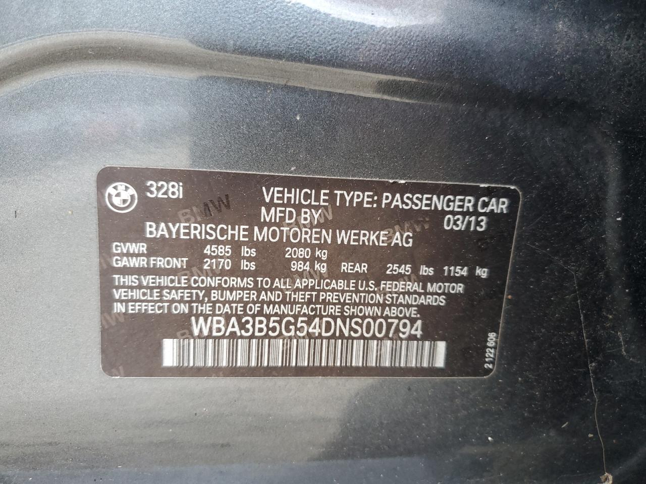 2013 BMW 328 Xi Sulev VIN: WBA3B5G54DNS00794 Lot: 91957045