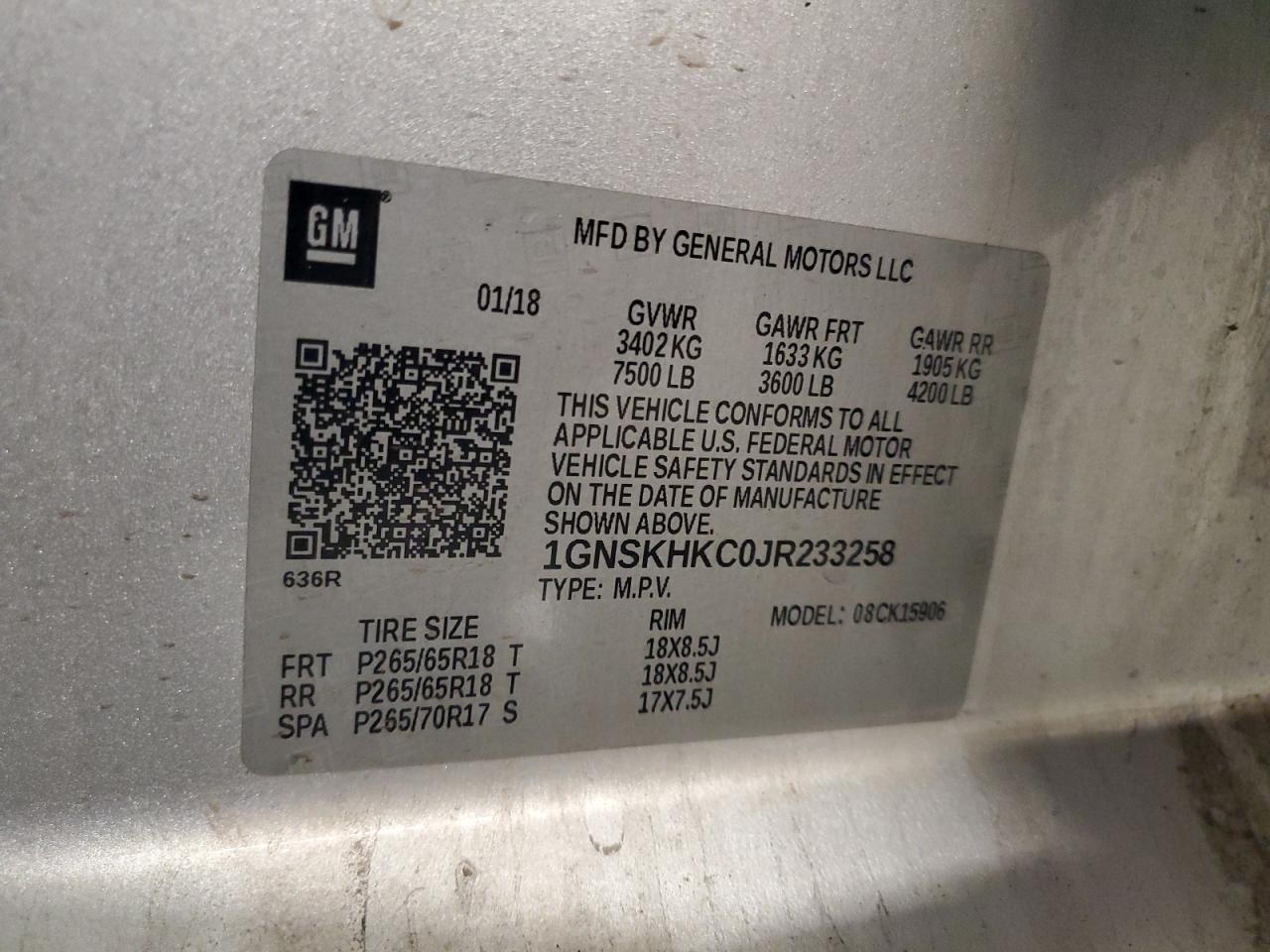 2018 Chevrolet Suburban K1500 Lt VIN: 1GNSKHKC0JR233258 Lot: 93419745