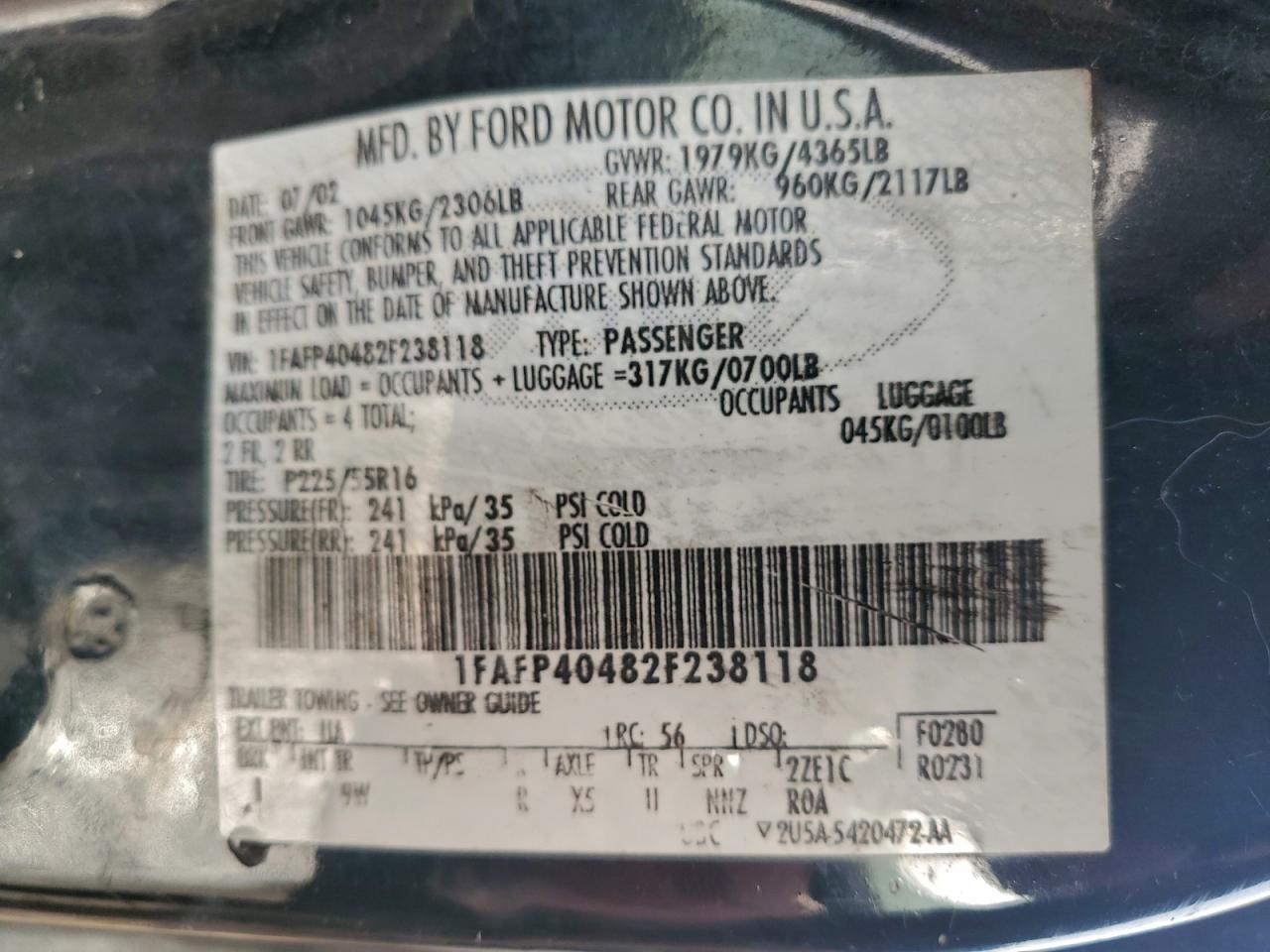 2002 Ford Mustang VIN: 1FAFP40482F238118 Lot: 90747895