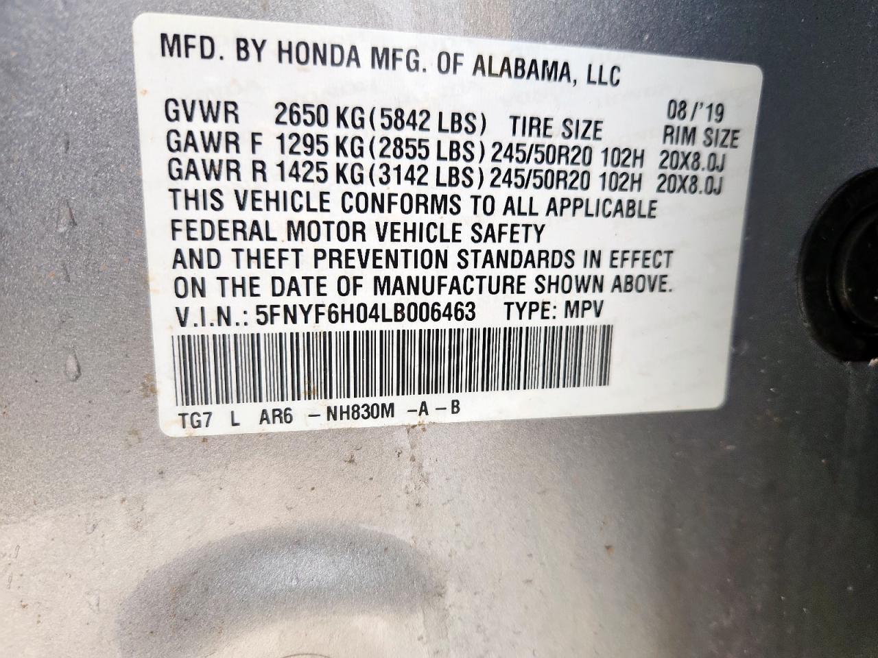 2020 Honda Pilot Elite VIN: 5FNYF6H04LB006463 Lot: 93629885
