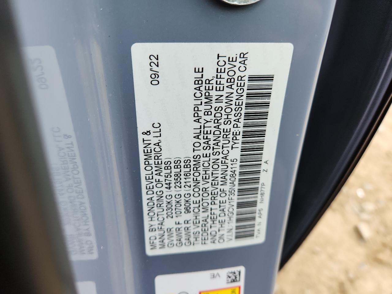 2022 Honda Accord Sport VIN: 1HGCV1F35NA084115 Lot: 92745495