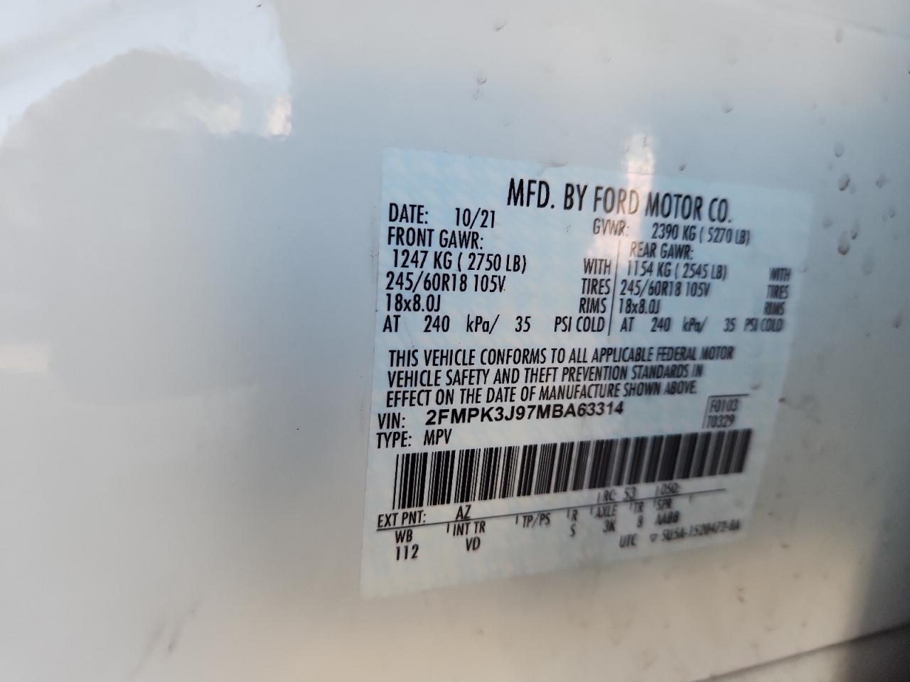 2021 Ford Edge Sel VIN: 2FMPK3J97MBA63314 Lot: 92081735