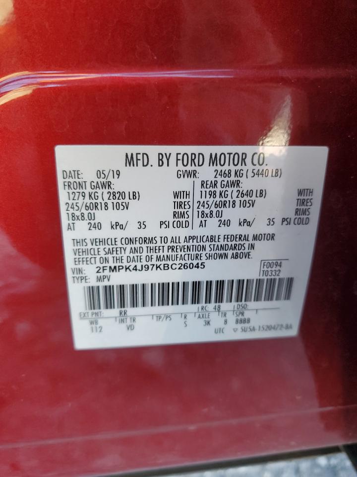 2019 Ford Edge Sel VIN: 2FMPK4J97KBC26045 Lot: 91972685