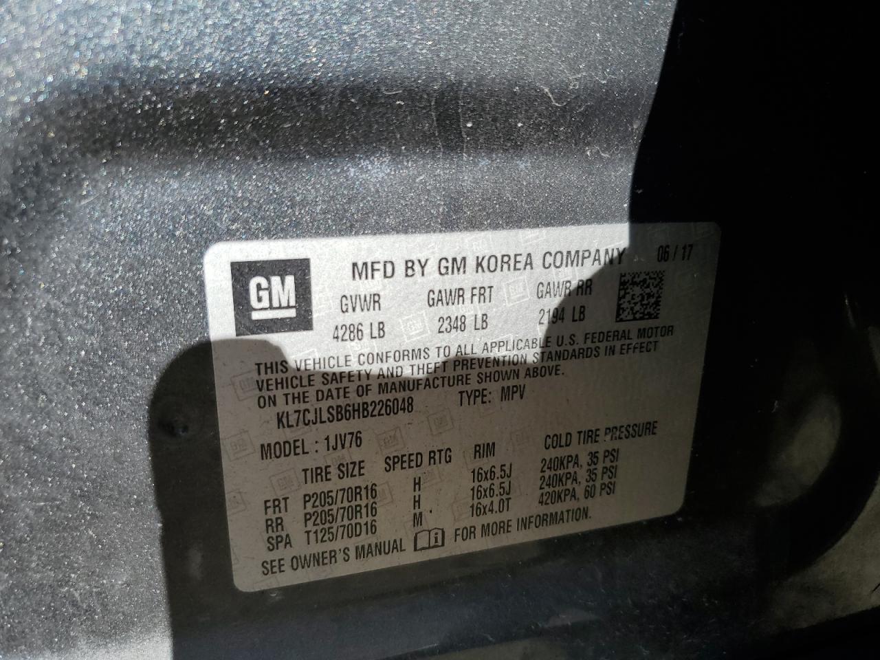 2017 Chevrolet Trax 1Lt VIN: KL7CJLSB6HB226048 Lot: 92608215