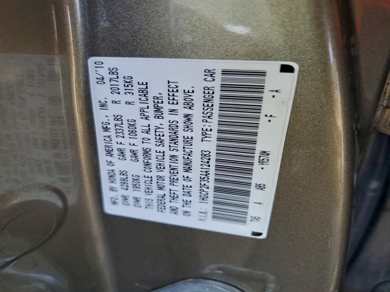 2010 Honda Accord Lx VIN: 1HGCP2F35AA124283 Lot: 94341075