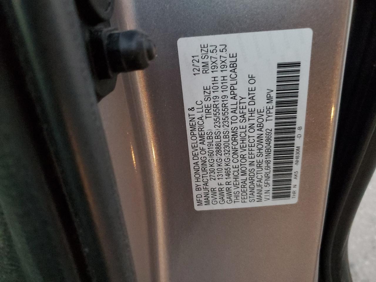 2022 Honda Odyssey Touring VIN: 5FNRL6H81NB048692 Lot: 91432825