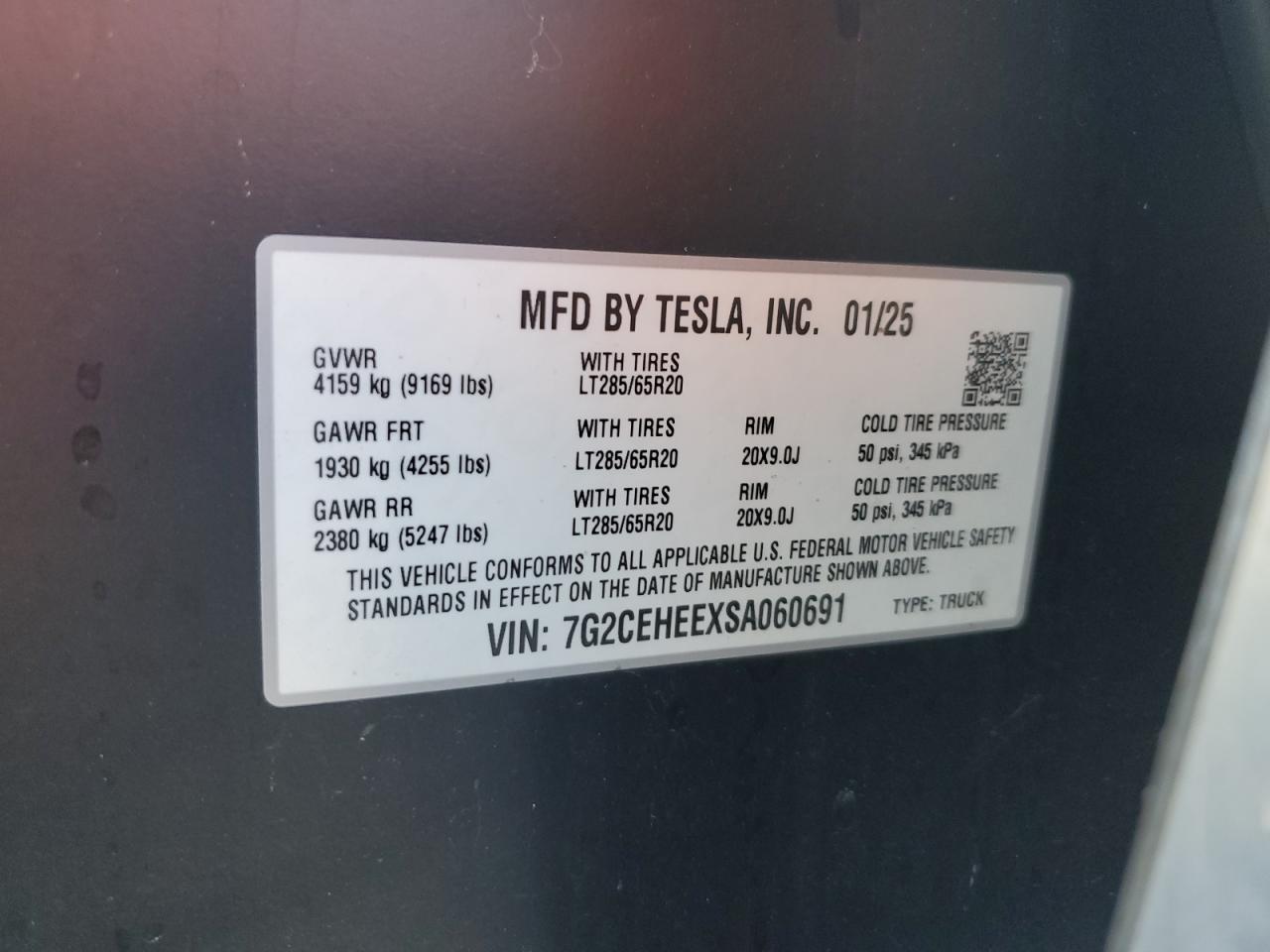 2025 Tesla Cybertruck VIN: 7G2CEHEEXSA060691 Lot: 82456235