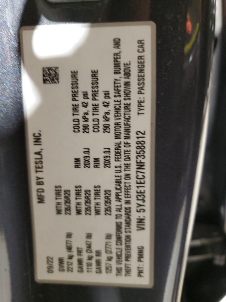 2022 Tesla Model 3 VIN: 5YJ3E1EC7NF358812 Lot: 90709345